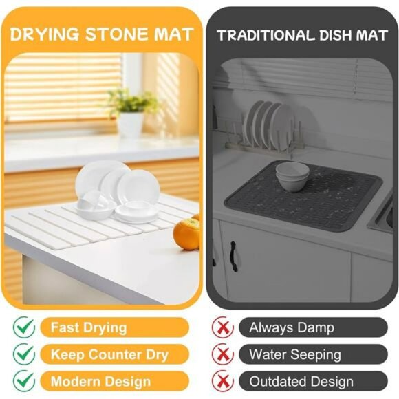 Large Stone Dish Drying Mat Quick Dry Absorbent Kitchen Counter Bath Mat Foldabl - Picture 6 of 7